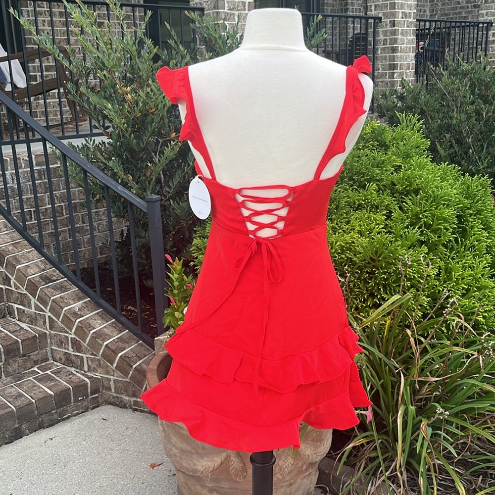 Red Flirty Flutter Sleeve Party Mini Dress New - Picture 8 of 13
